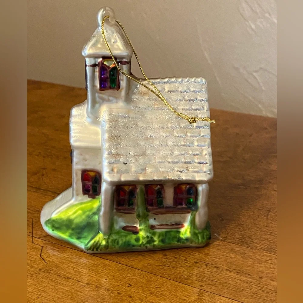 Christmas Tree Glass Ornaments Wise Man on Camel and Country Church Lot of 2